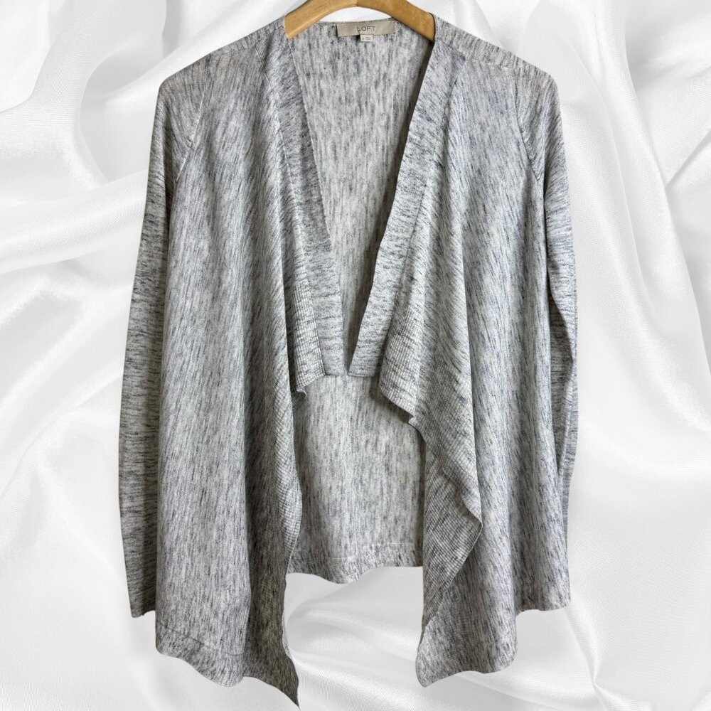 LOFT Heather Gray Open-front Lightweight Waterfall Cardigan Sweater | Size SM
